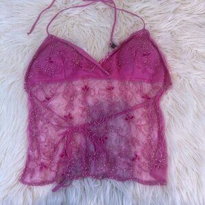 Vintage Y2K Passport Pink Sheer beaded backless halter Tank Top L
